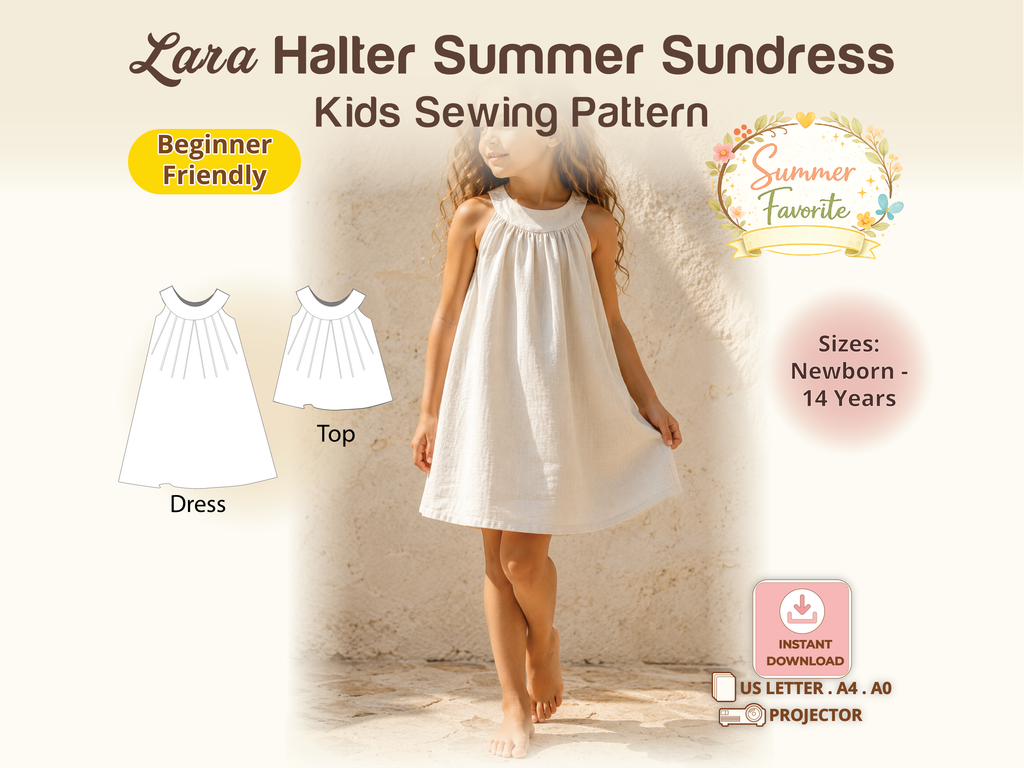 Promotional graphic for a Lara Halter Summer Sundress kids sewing pattern, showing a child wearing an off-white sleeveless dress, with front and top pattern views on the left and size/download information on the right.