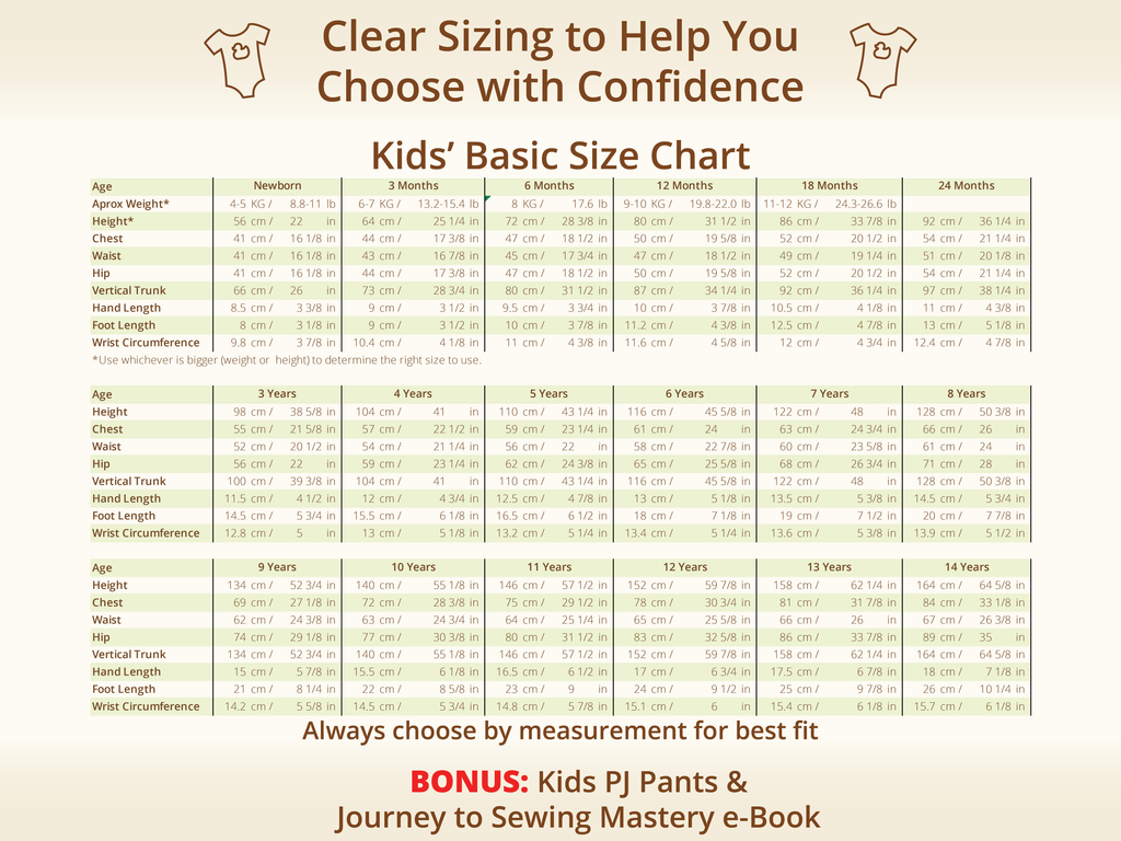 Kids' sewing pattern size chart, newborn to 14 years