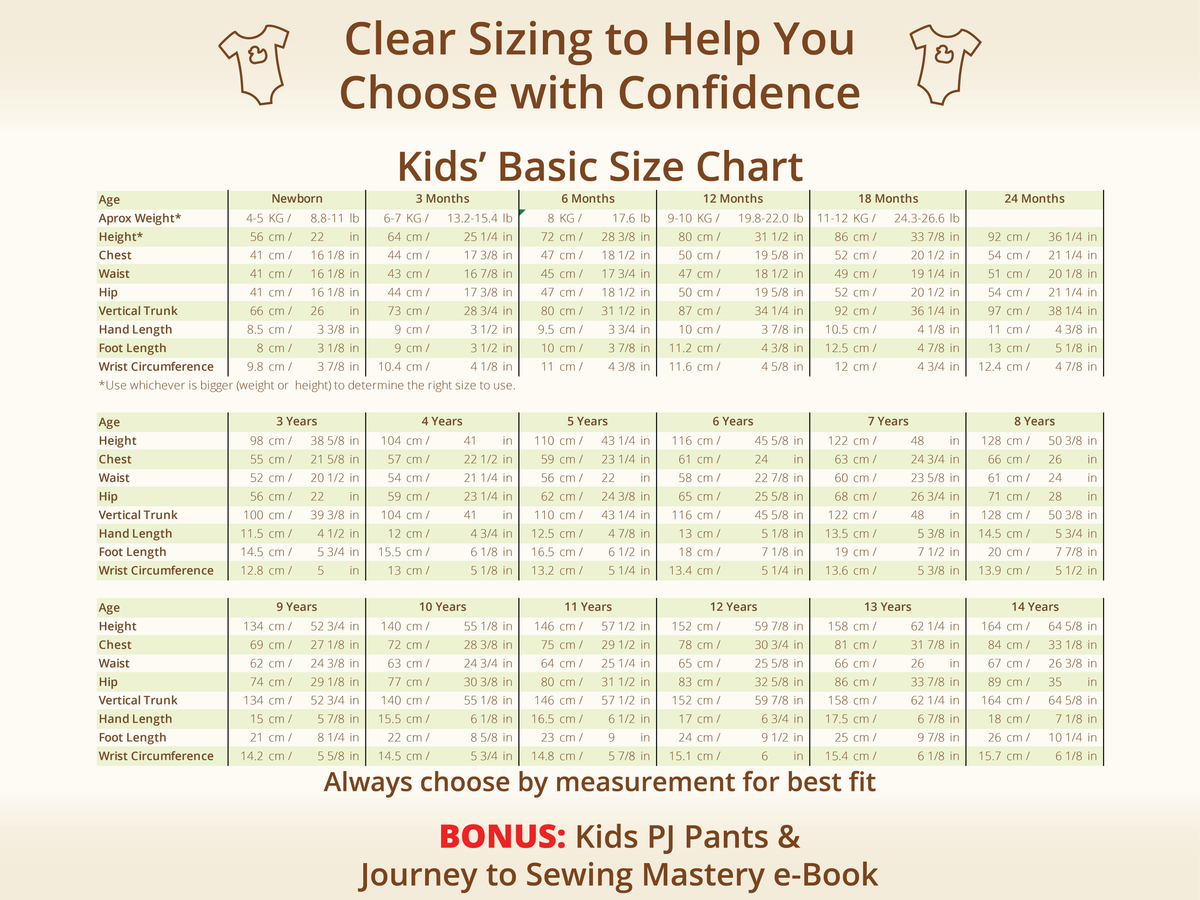 Kids' sewing pattern size chart, newborn to 14 years