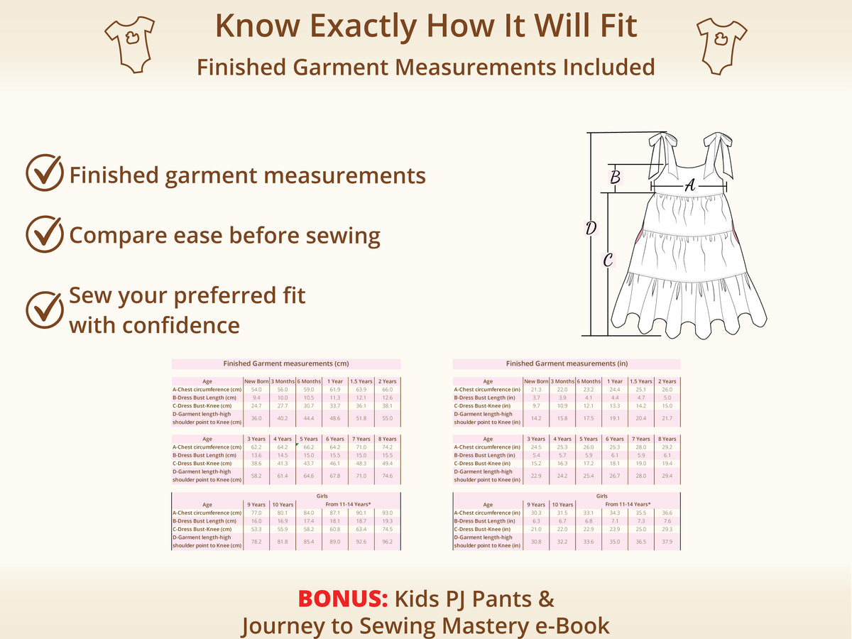 Christy Boho Dress sewing pattern – finished garment measurements