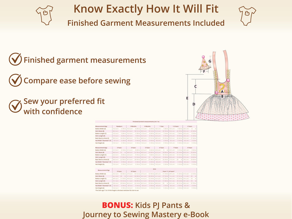 Celeste 1st Birthday Dress sewing pattern – finished garment measurements