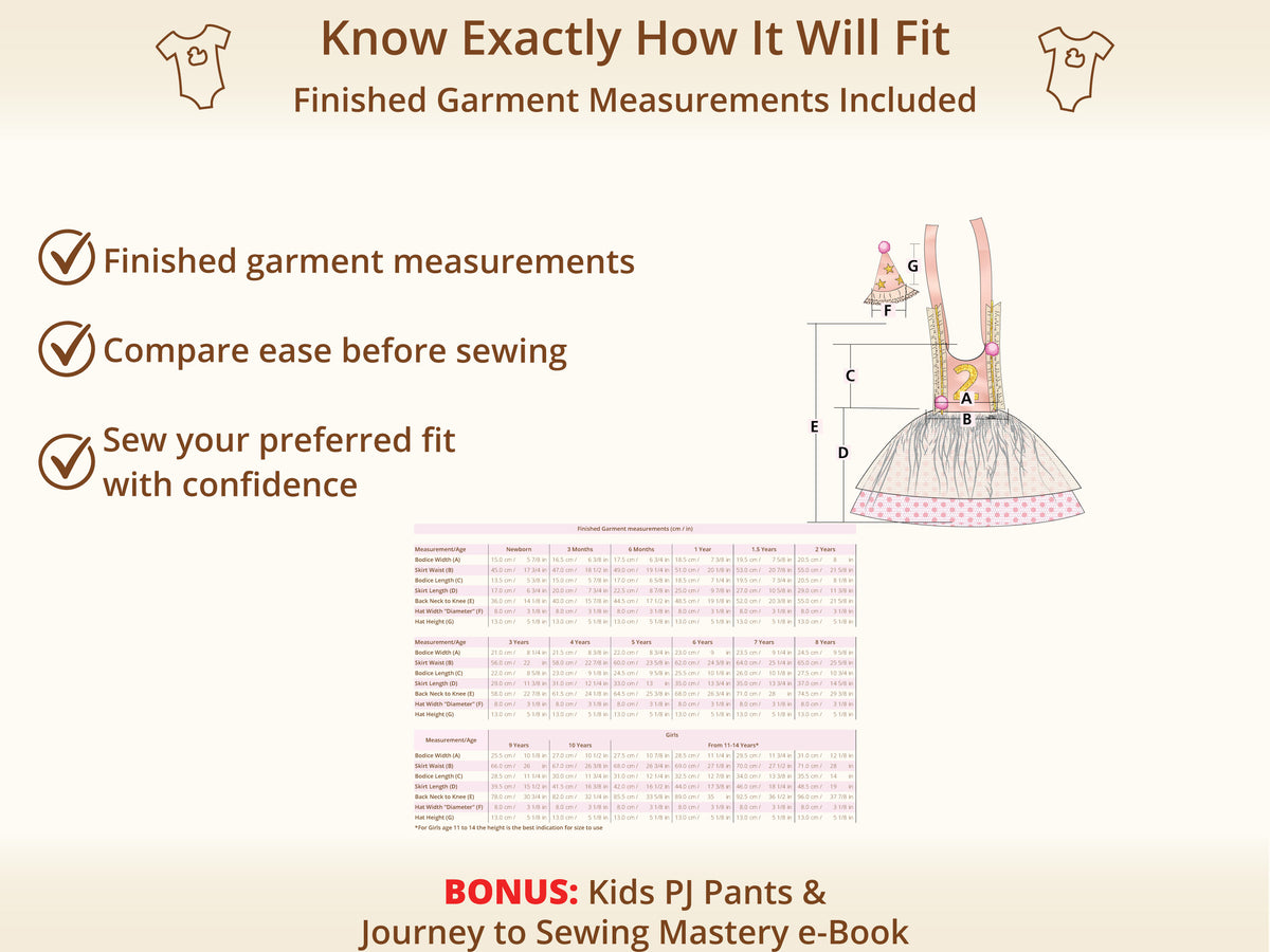 Celeste 1st Birthday Dress sewing pattern – finished garment measurements