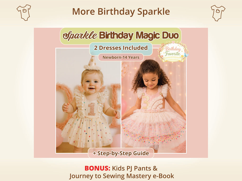 Sparkle Birthday Dress Magic Duo sewing pattern bundle, including the Celeste 1st Birthday Dress