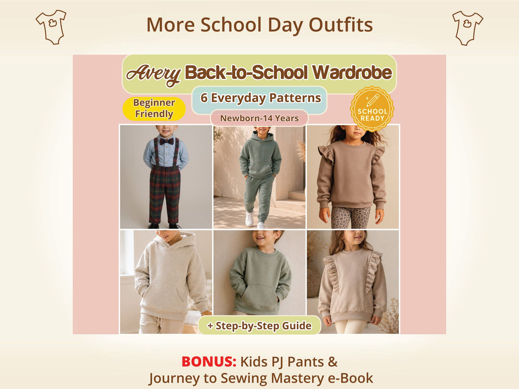Avery Back-to-School Wardrobe Capsule sewing pattern bundle, including the Charlie Formal Pants