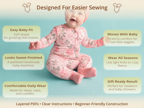 Aiden Foldable Footie-Mittens Onesie sewing pattern – key benefits and design highlights