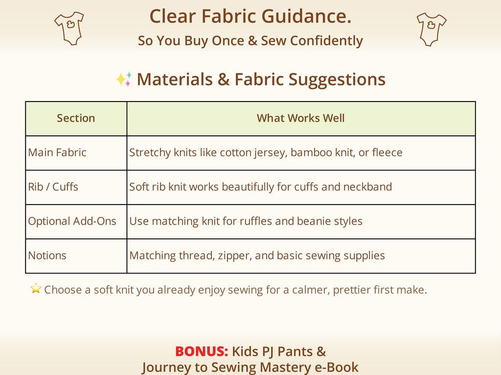 Aiden Foldable Footie-Mittens Onesie sewing pattern – recommended knit fabrics and materials