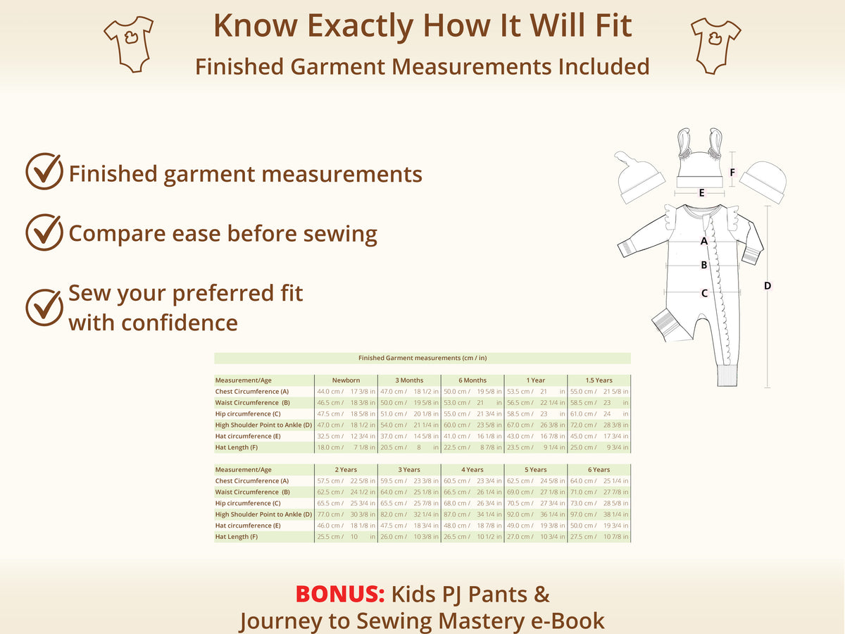 Aiden Foldable Footie-Mittens Onesie sewing pattern – finished garment measurements
