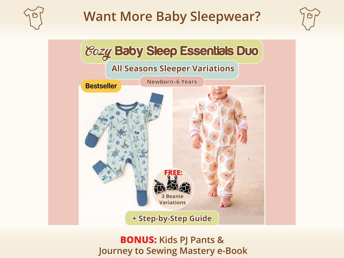 Cozy Baby Sleep Essentials Duo sewing pattern bundle, including the Aiden Foldable Footie-Mittens Onesie