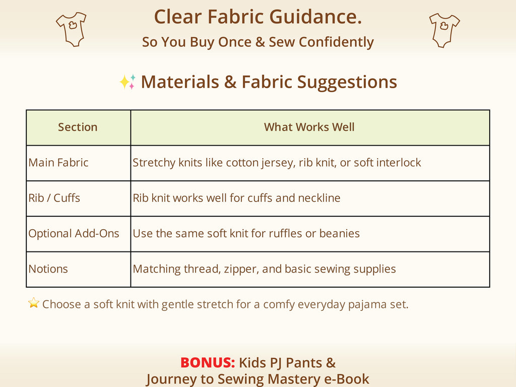 Hazel Cuff Pajamas sewing pattern – recommended knit fabrics and materials