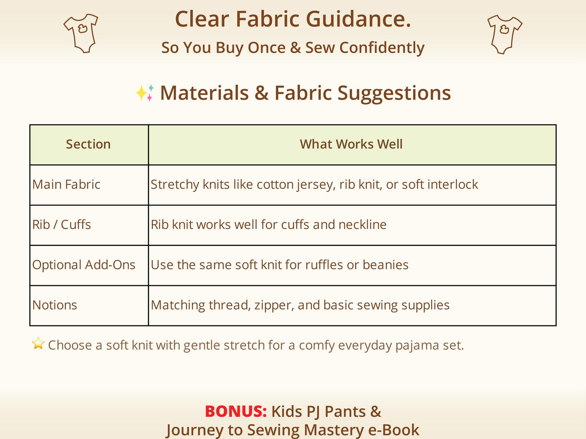 Hazel Cuff Pajamas sewing pattern – recommended knit fabrics and materials