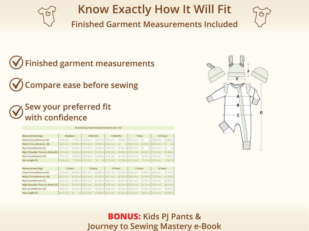Hazel Cuff Pajamas sewing pattern – finished garment measurements