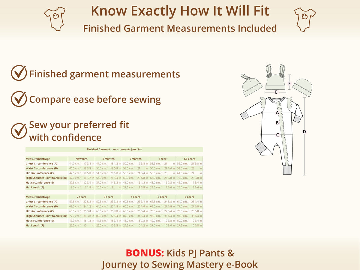 Hazel Cuff Pajamas sewing pattern – finished garment measurements