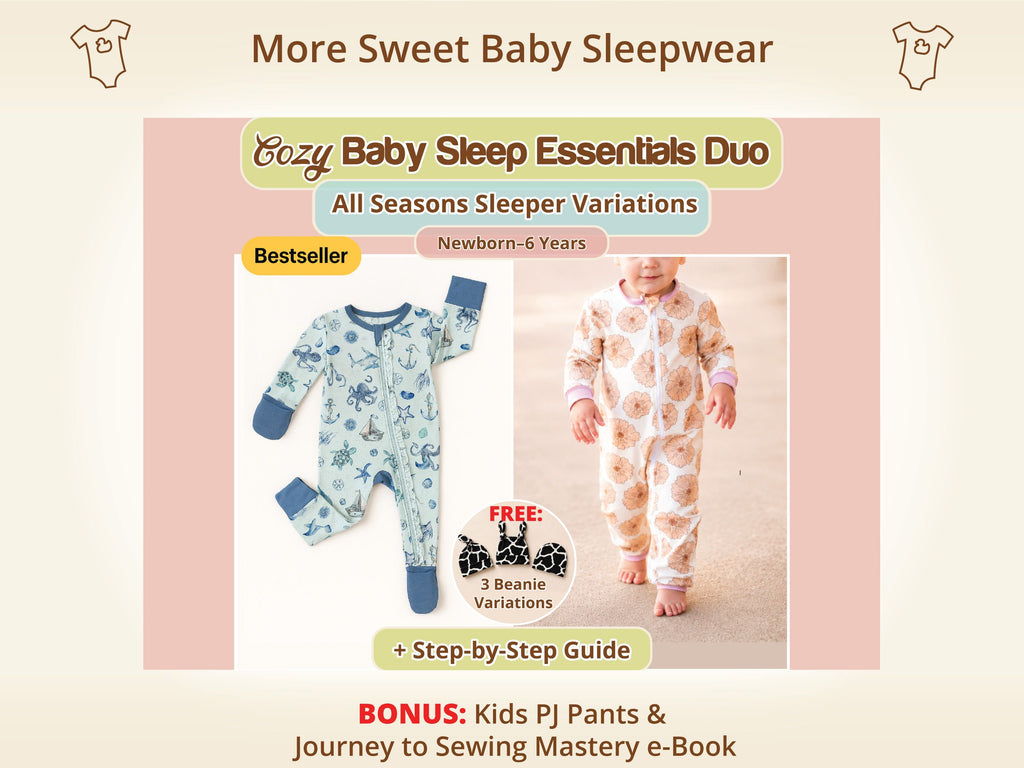 Cozy Baby Sleep Essentials Duo sewing pattern bundle, including the Hazel Cuff Pajamas