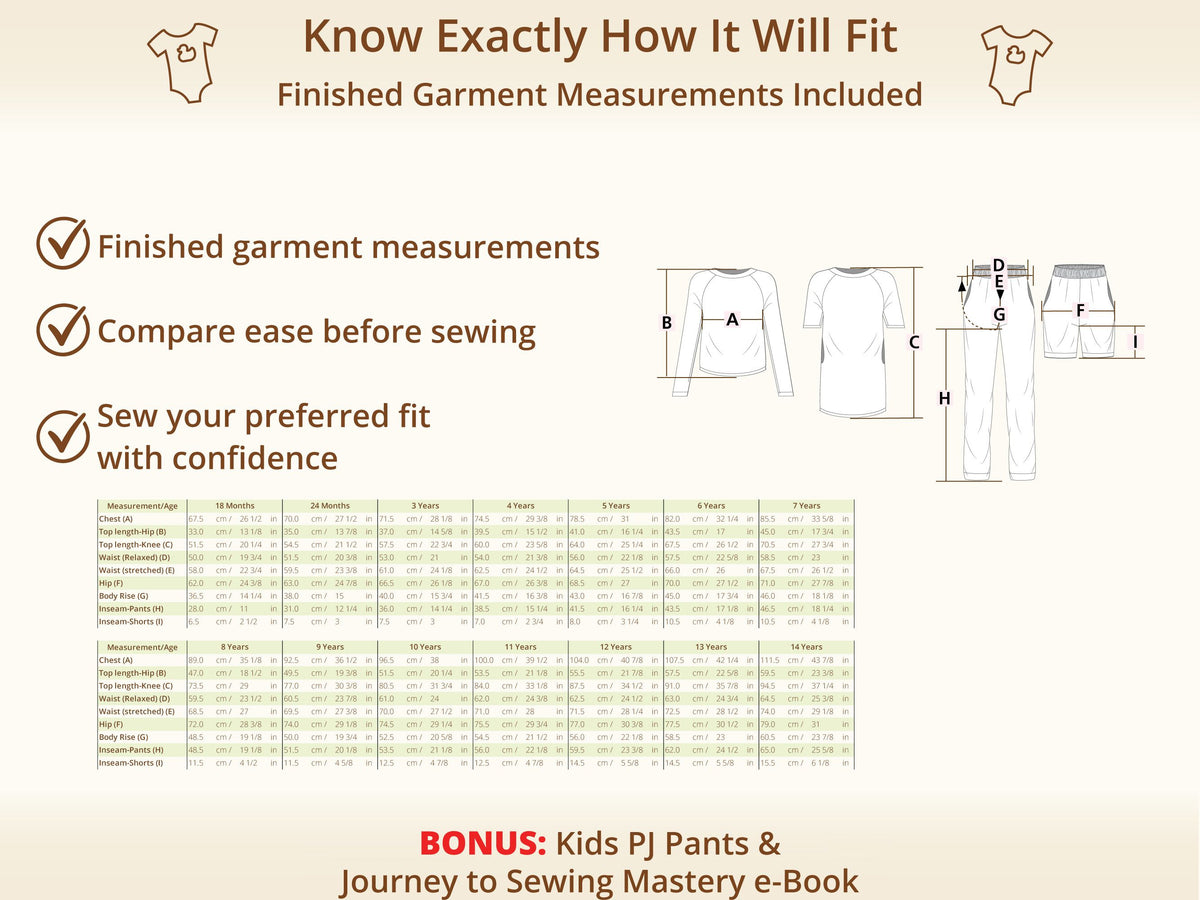 Mini Dreamers Pajamas Set sewing pattern – finished garment measurements