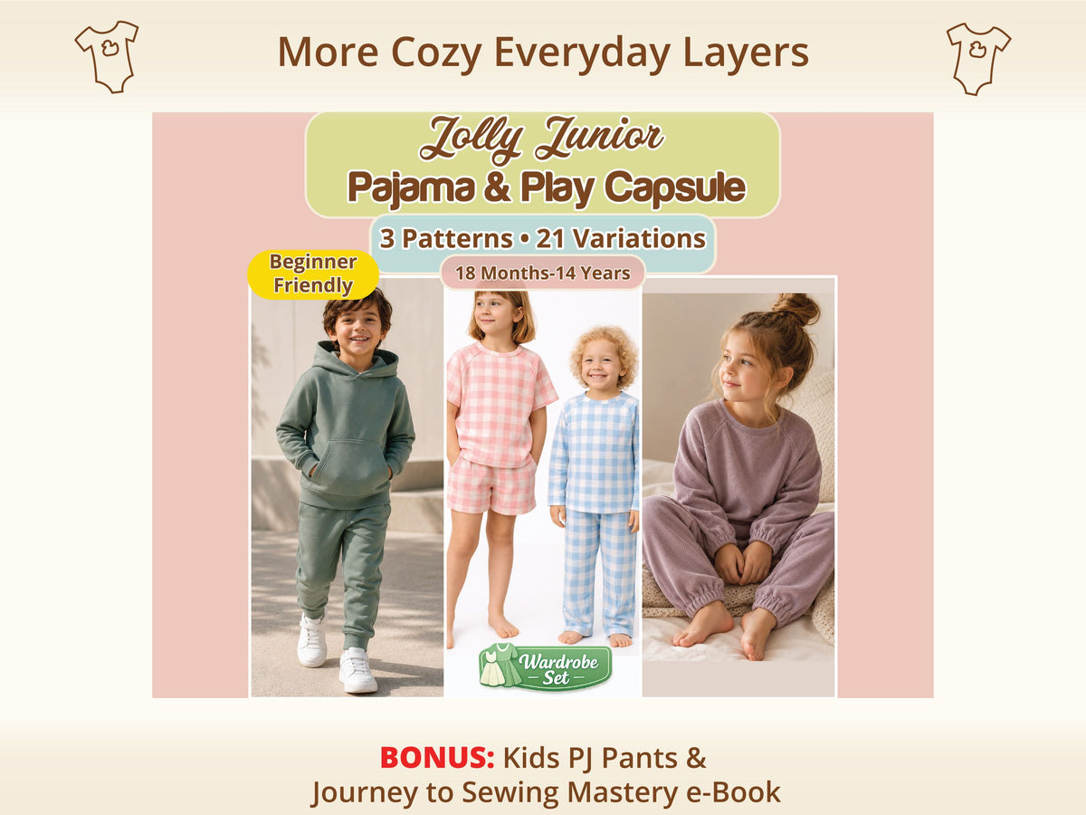 Jolly Junior Pajama And Play Capsule sewing pattern bundle, including the Mini Dreamers Pajamas Set