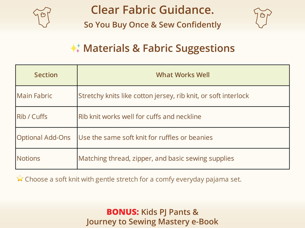 Sweet Dreams Baby Zipper Sleeper Bundle – recommended fabrics and materials