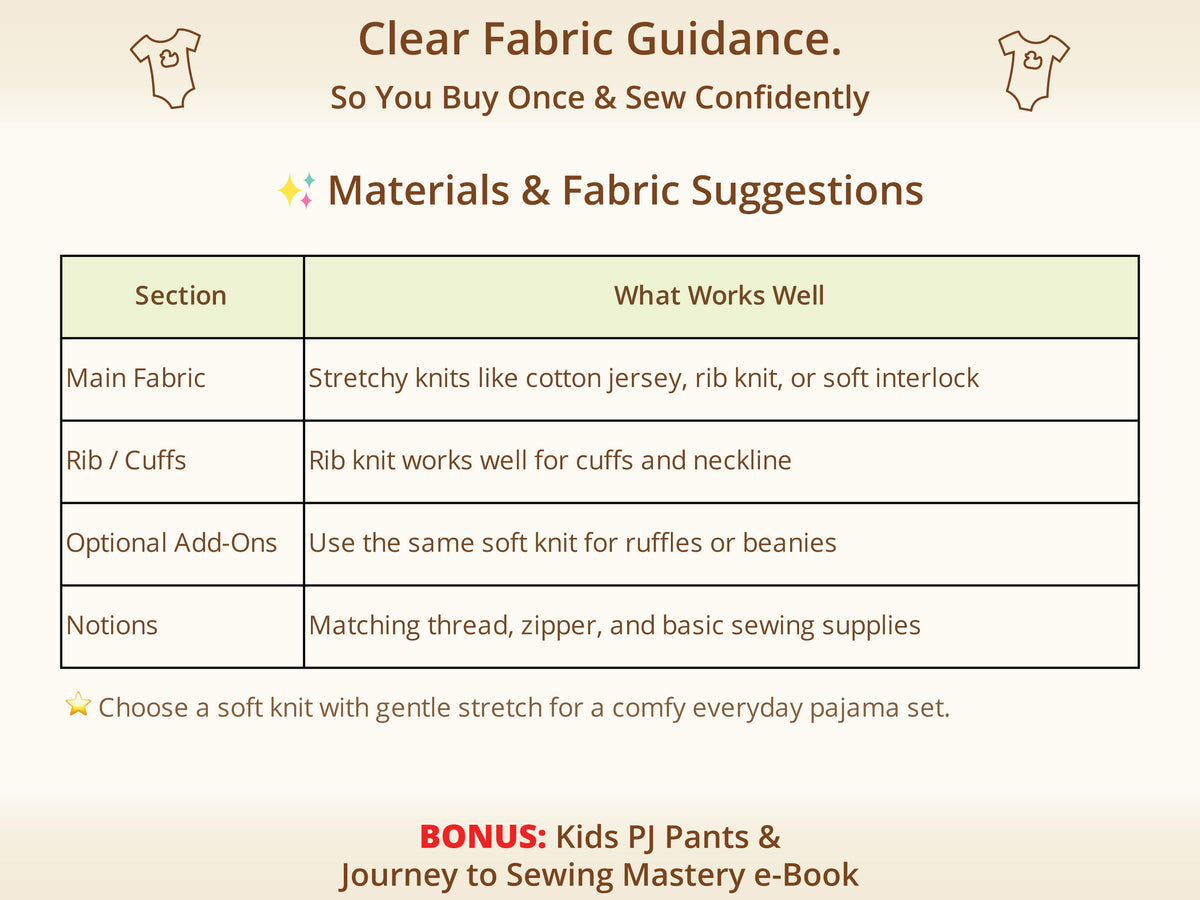 Sweet Dreams Baby Zipper Sleeper Bundle – recommended fabrics and materials