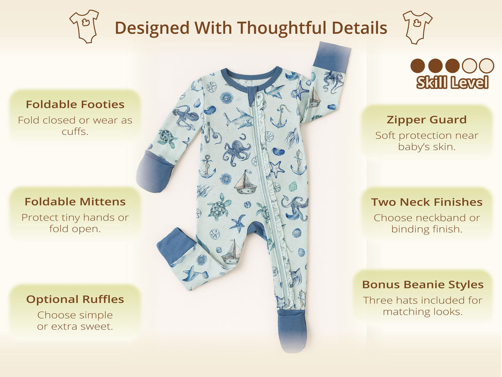 Close-up of the Aiden foldable footies, fold-over mittens and ruffle along the zipper – convertible baby onesie pattern