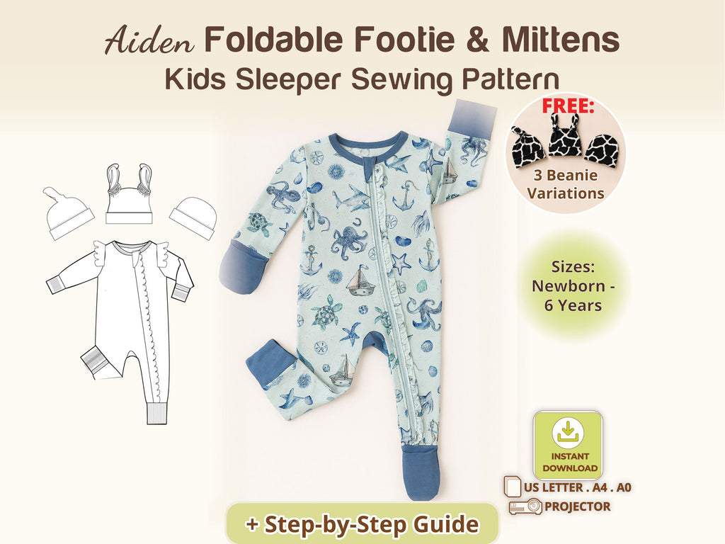 Ocean-print zip-up Aiden footie with fold-over mittens and feet – baby onesie sewing pattern, sizes newborn–6