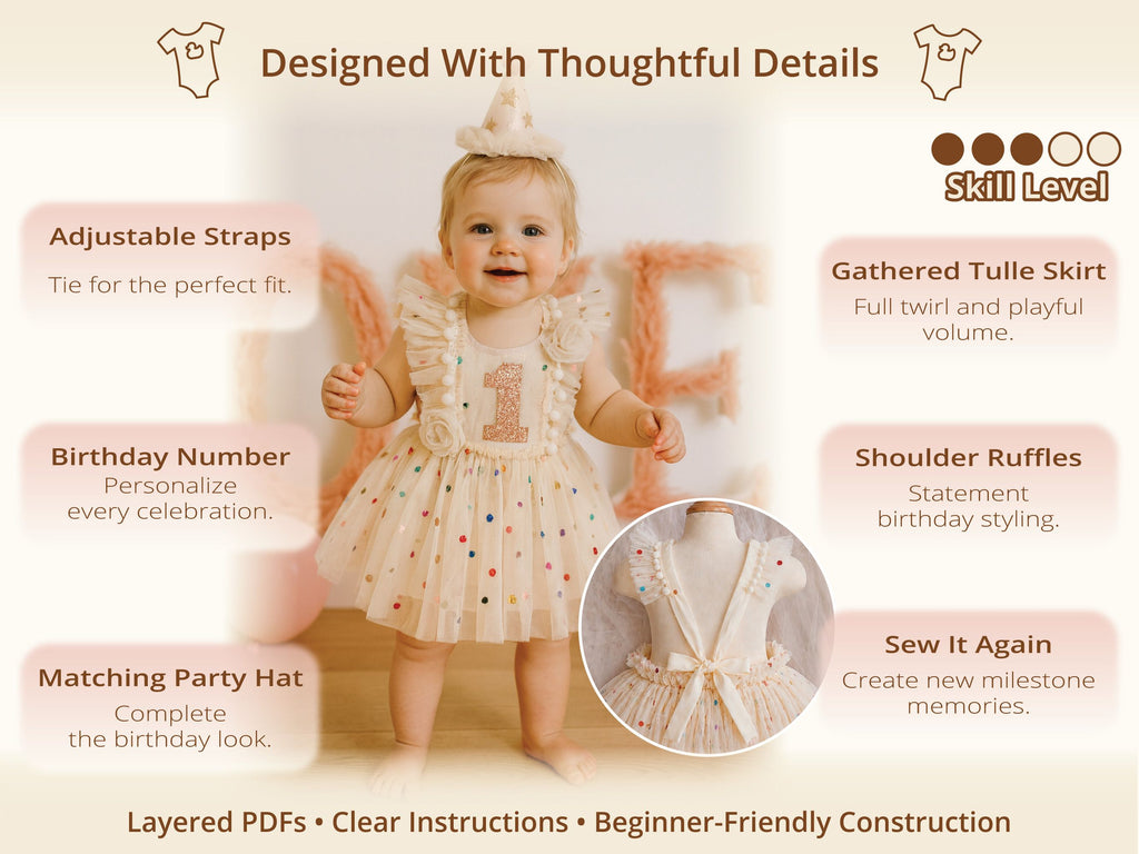 Celeste dress with party hat, pompom shoulder ruffles, glitter number and ribbon-tie open back – cake smash dress pattern