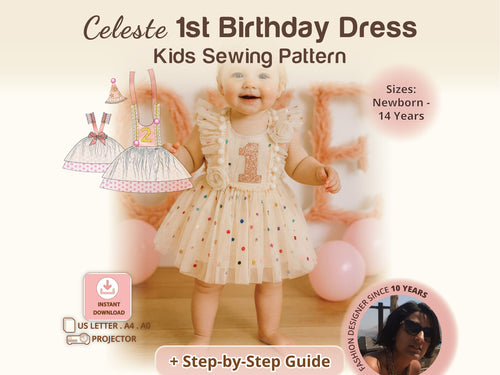Baby girl in the Celeste tulle dress with glitter number 1 – first birthday dress sewing pattern, sizes newborn–14
