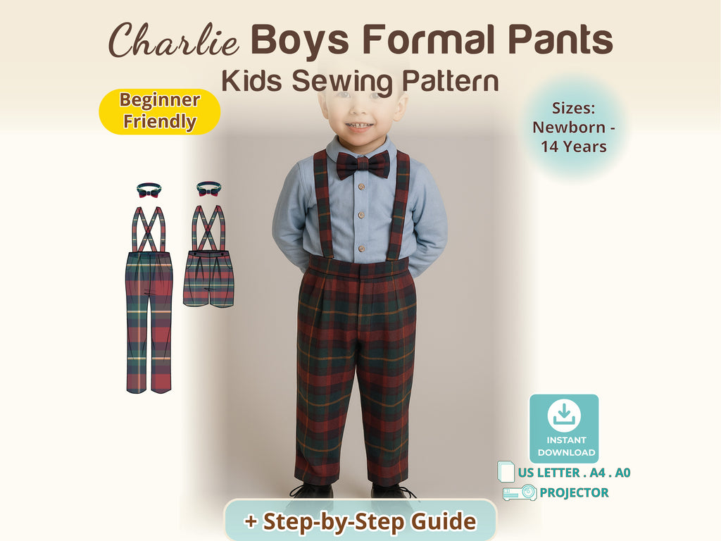 Toddler boy in plaid Charlie pants with suspenders and bow tie – boys formal pants sewing pattern, sizes newborn–14
