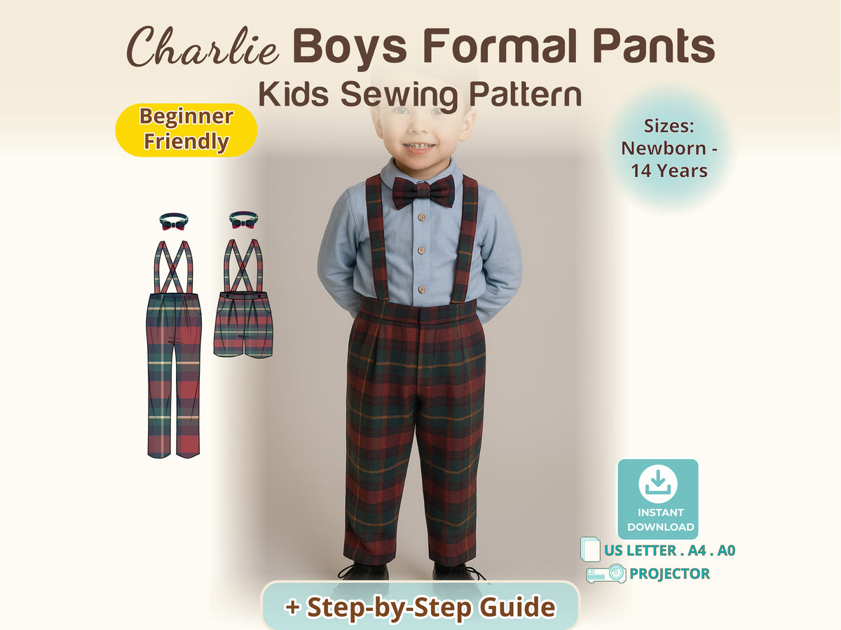 Toddler boy in plaid Charlie pants with suspenders and bow tie – boys formal pants sewing pattern, sizes newborn–14