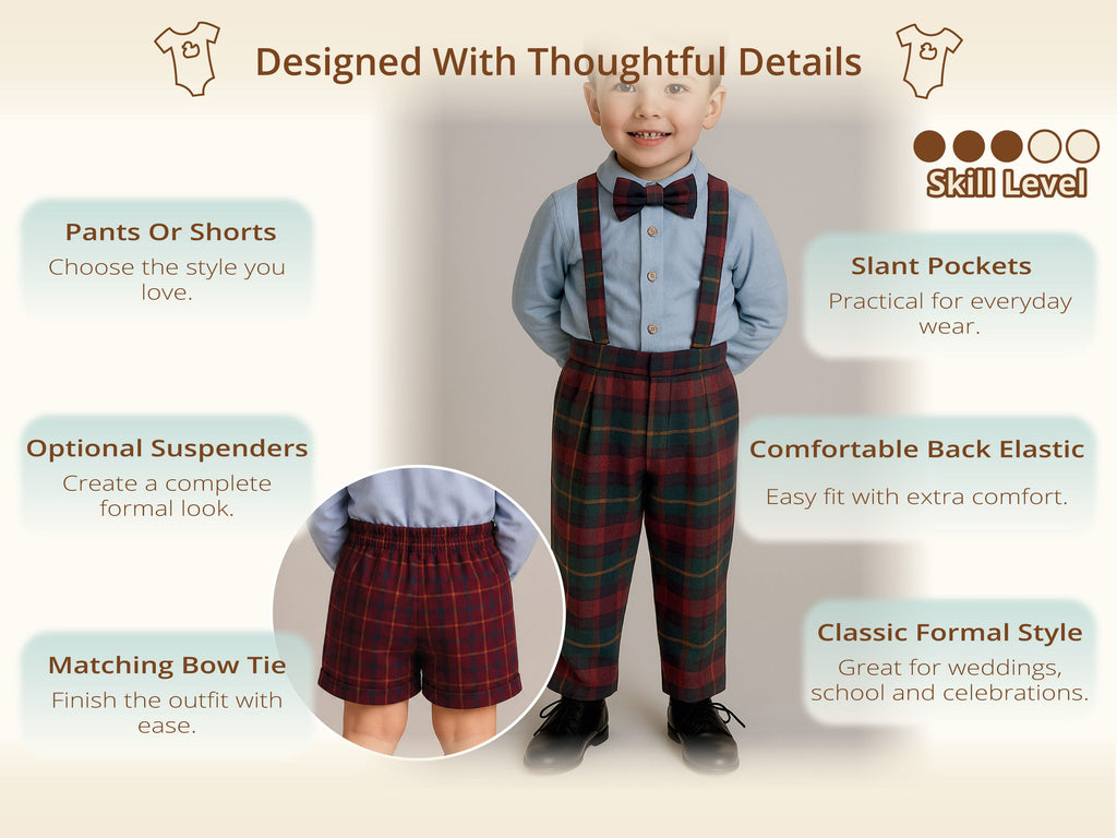 Charlie plaid pants with front pleats, suspenders and bow tie, plus the shorts with elastic back – ring bearer outfit pattern