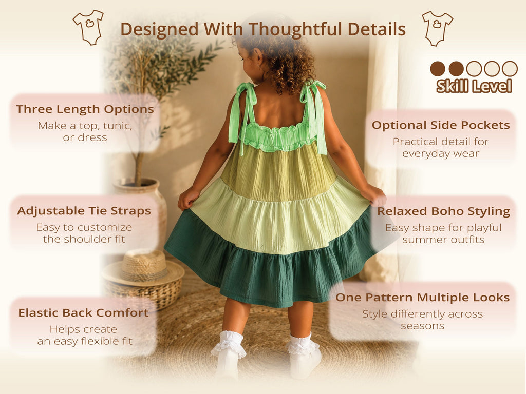 Back of the green Christy dress with tie shoulder straps, elastic back and gathered layers – girls summer twirl dress