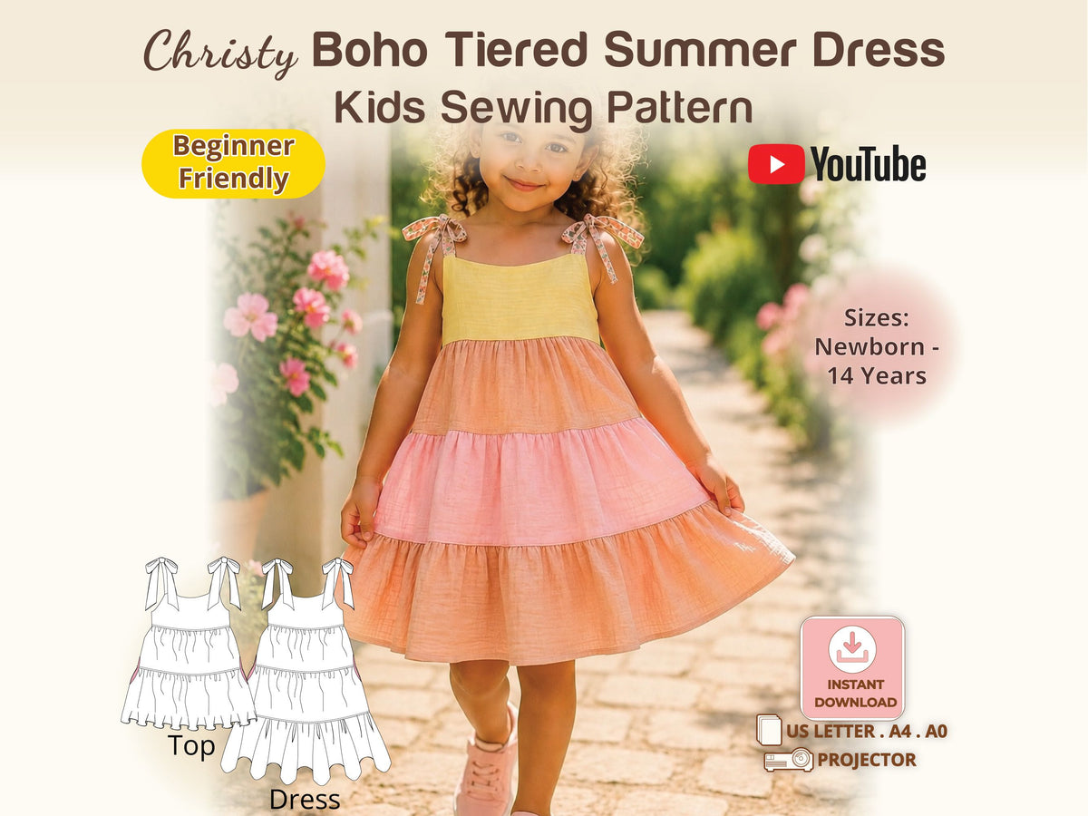 Girl in the Christy dress with peach and pink layers and tie straps – girls boho dress sewing pattern, sizes newborn–14