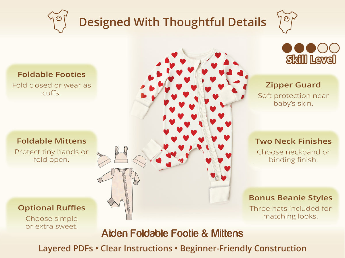 Aiden heart-print zip onesie with fold-over mittens and footies – one of 2 baby sleep sewing patterns in the Cozy Baby bundle