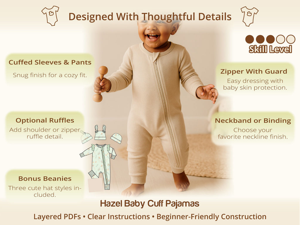 Toddler in the Hazel beige zip pajamas with cuffed sleeves – one of 2 baby sleep sewing patterns in the Cozy Baby bundle