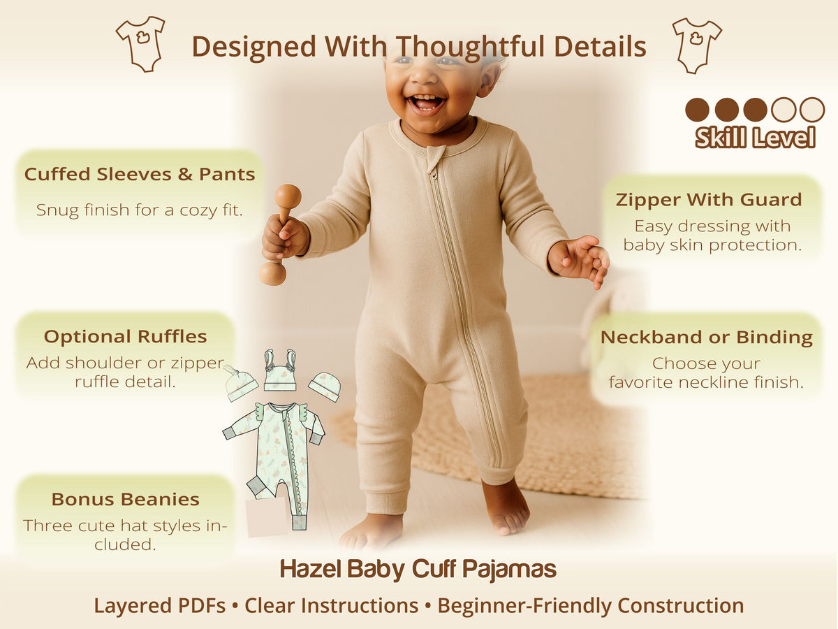 Toddler in the Hazel beige zip pajamas with cuffed sleeves – one of 2 baby sleep sewing patterns in the Cozy Baby bundle