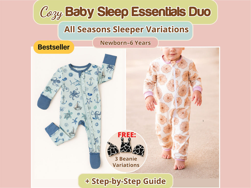 Ocean-print footie onesie and a toddler in floral cuffed pajamas – baby sleep sewing pattern bundle, newborn–6