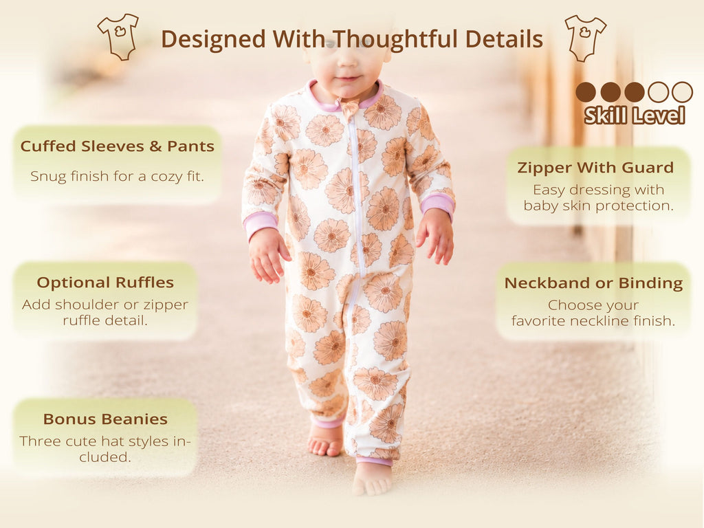 Toddler walking in a floral Hazel zip romper with lilac cuffs and a zipper guard – baby cuff pajama romper pattern