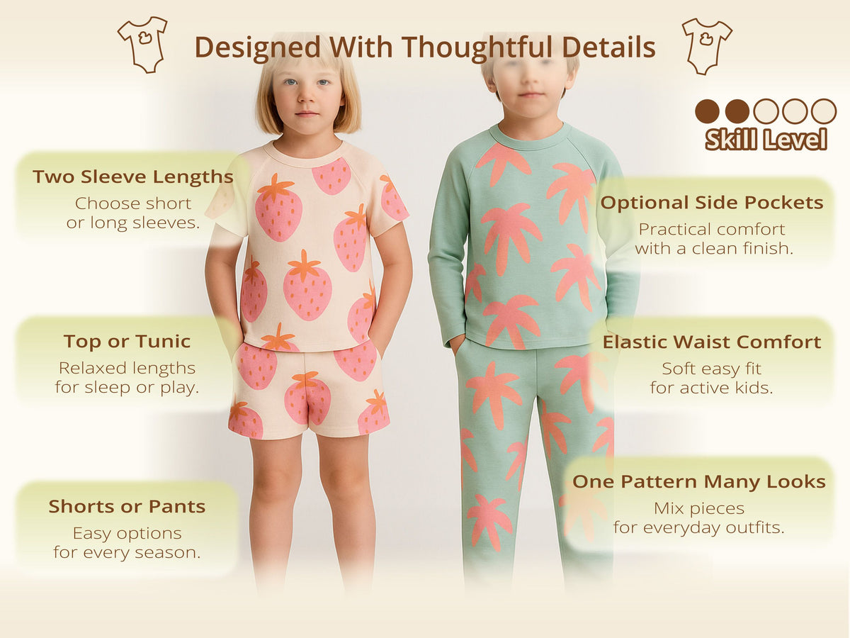 Girl in strawberry shorts pajamas and boy in palm-print long pajamas with side pockets – matching sibling pajamas pattern