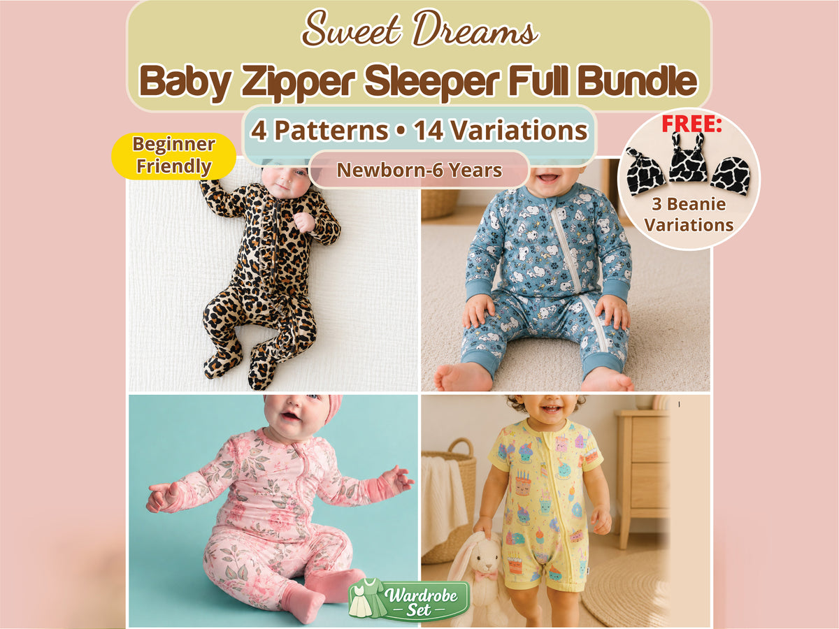 Collage of babies in leopard, floral and puppy-print zip sleepers – baby sleeper sewing pattern bundle, sizes newborn–6