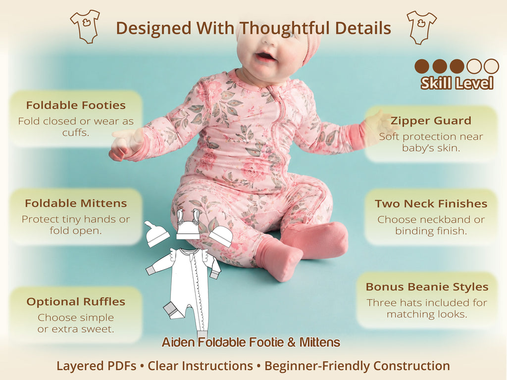 Baby in the Aiden pink floral zip onesie with foldable footies – one of 4 baby sleeper patterns in the Sweet Dreams bundle