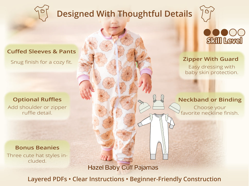 Toddler in the Hazel floral zip pajamas with cuffed sleeves – one of 4 baby sleeper patterns in the Sweet Dreams bundle