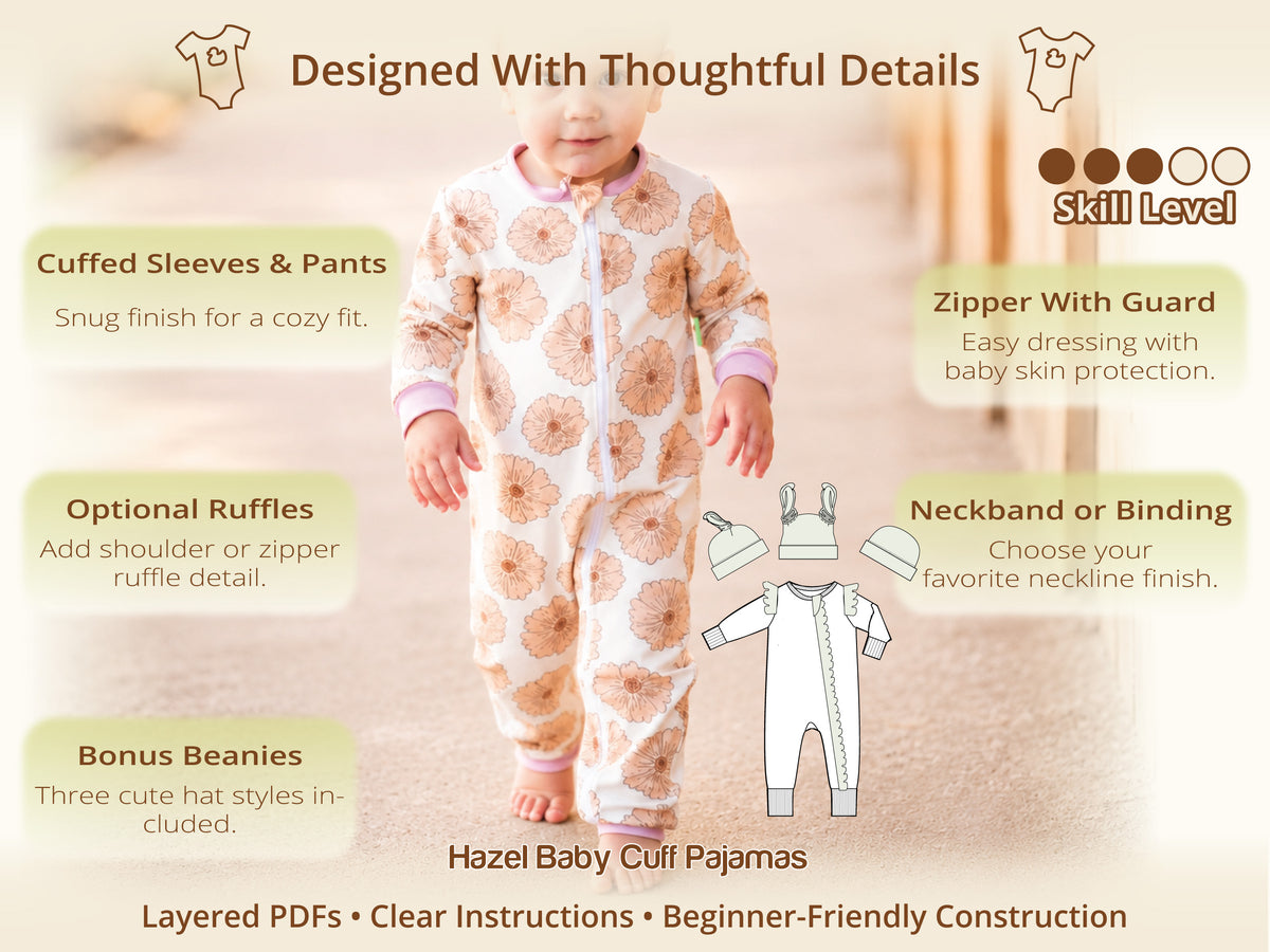 Toddler in the Hazel floral zip pajamas with cuffed sleeves – one of 4 baby sleeper patterns in the Sweet Dreams bundle