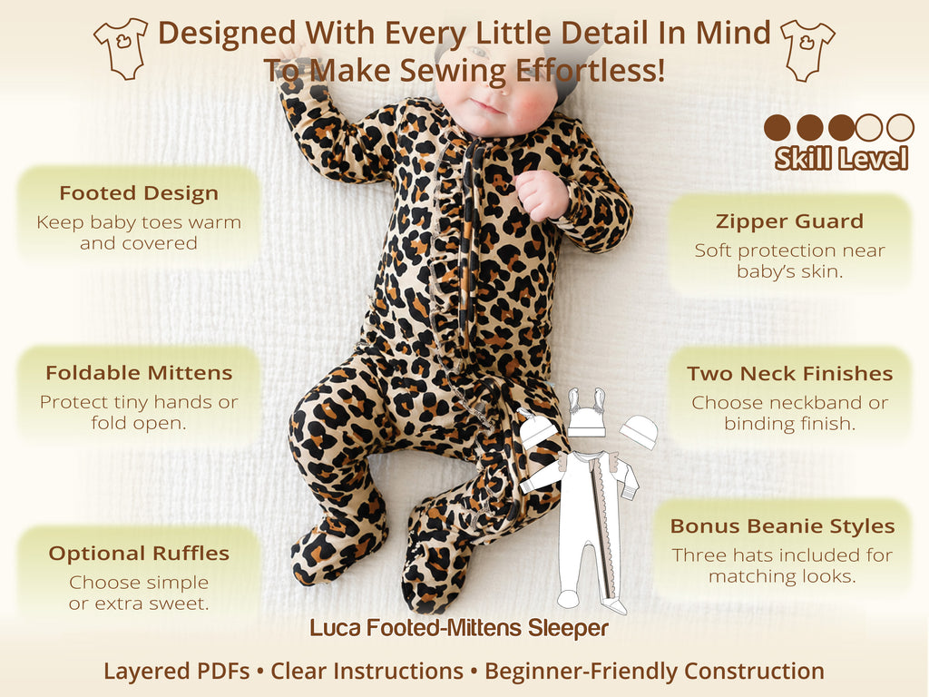 Baby in the Luca leopard footed sleeper with ruffled zipper – one of 4 baby sleeper patterns in the Sweet Dreams bundle