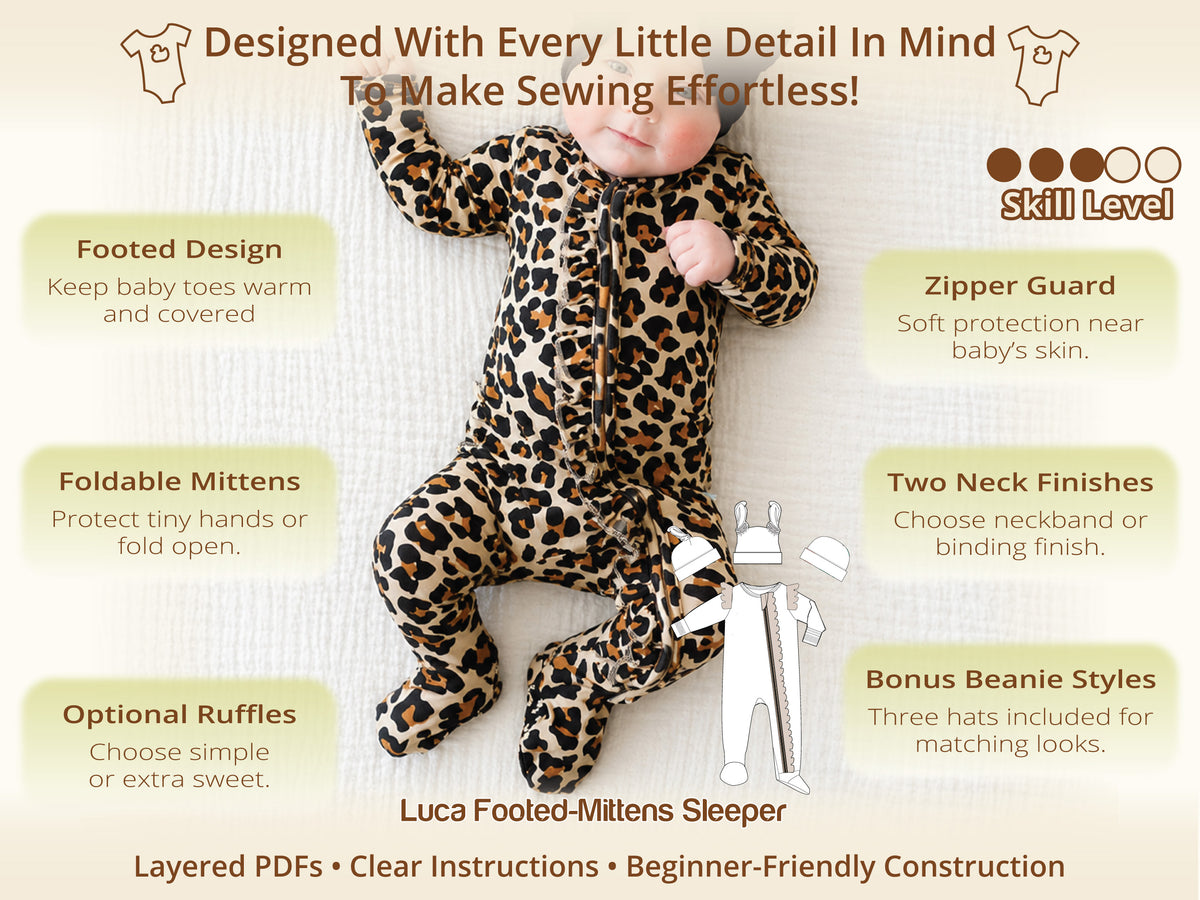 Baby in the Luca leopard footed sleeper with ruffled zipper – one of 4 baby sleeper patterns in the Sweet Dreams bundle