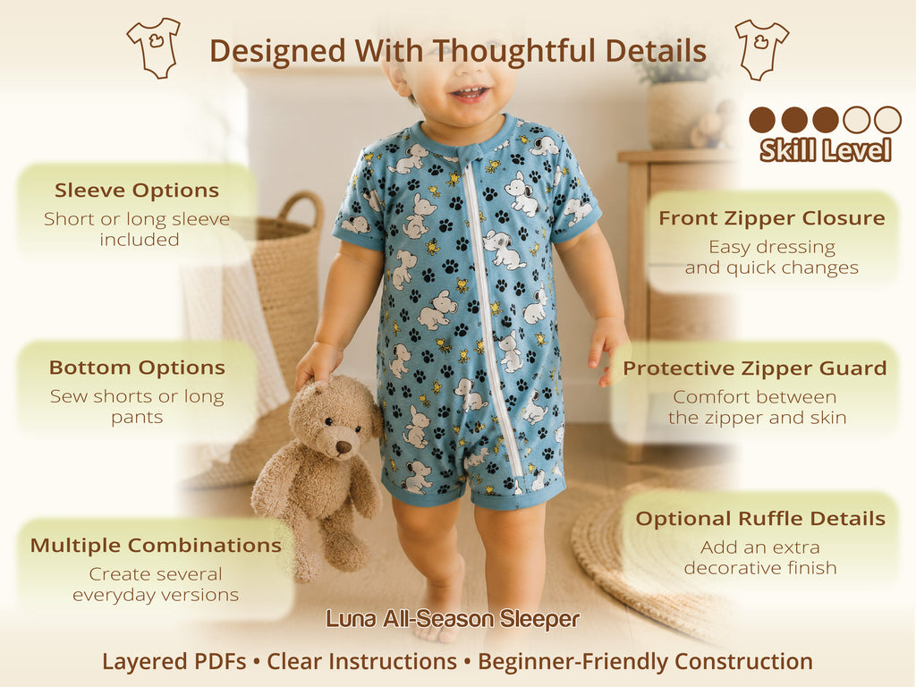 Toddler in the Luna short sleeve puppy-print zip sleeper – one of 4 baby sleeper patterns in the Sweet Dreams bundle