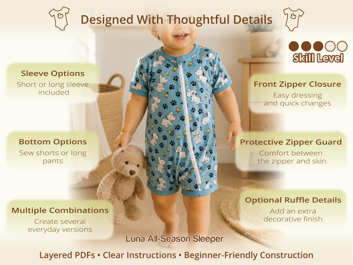 Toddler in the Luna short sleeve puppy-print zip sleeper – one of 4 baby sleeper patterns in the Sweet Dreams bundle